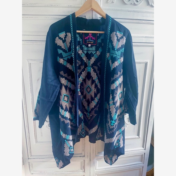 NWOT Johnny Was Linen Embroidered Aztec Kimono Black, Tan & Aqua - Picture 12 of 15